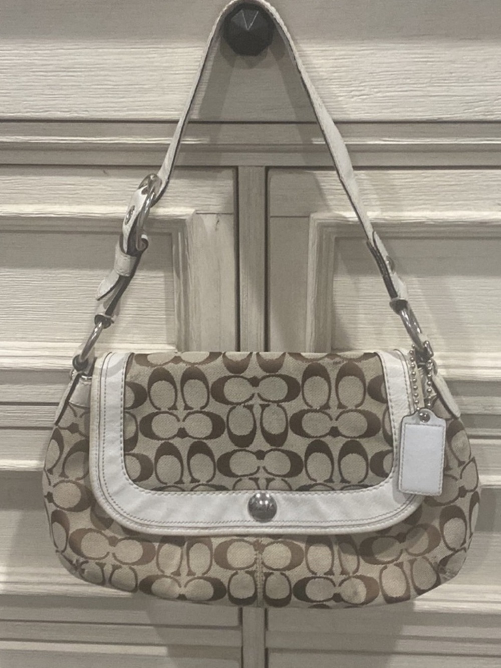 Coach Signature Canvas Shoulder Bag in Khaki/White